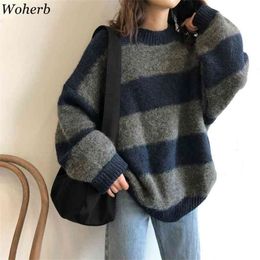 Woherb Women Oversized Thin Sweater Vintage Striped Loose Pullover Streetwear Autumn Knitted Jumper Femme Sueter Mujer 210922