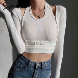 Syiwidii 2 Pieces Set Women Sexy Tops Kintted Long Sleeve Crop Top T Shirt Halter Woman Tshirts Black White Elastic Slim Tees 210330