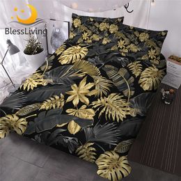 BlessLiving Nature Inspired Bedding Set Tropical Monstera and Palm Leaves 3 Piece Black Gold Trendy Duvet Cover Botanical Chic 210615