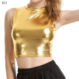 Womens Sexy Metallic Glitter Solid Vest Wetlook SleevelMock Neck Crop Top X0507