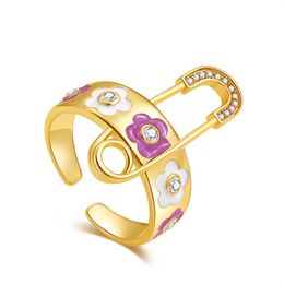Creative Safety Pin Ring Cubic Zircon with Copper Metal Cute Flower Open Rings for Women Aesthetic Jewelry Gift