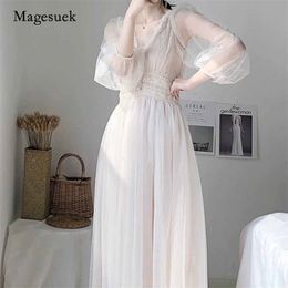 Women Chiffon White Plus Size Dress Elegant Button A-Line Vestidos Solid Puff Sleeve Empire V-Neck Lace Voile Mesh 8126 210518