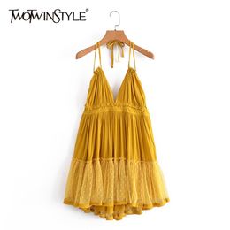 Sweet Solid Dress For Women V Neck Sleeveless High Waist Patchwork Backless Mini Dresses Female Summer Fashion 210520