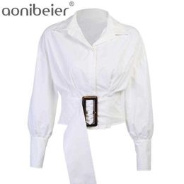 England Style Ladies White Shirt Spring Autumn Fold Detail Drop Shoulder Long Sleeve Women Casual Blouses with Sashes 210604