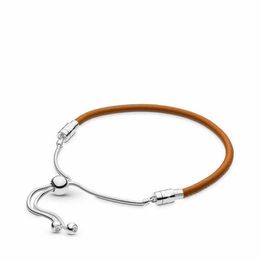NEW 2021 100% 925 Sterling Silver Golden Tan Leather Sliding Bracelet Fit DIY Original Fshion Jewelry Gift