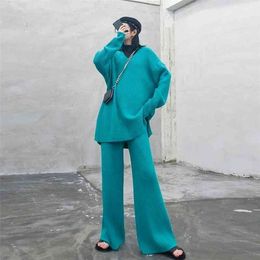 Autumn and winter sweater knit suit plus size fashion wide leg pants two-piece women's clothing 210416