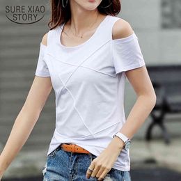 Camiseta Mujer Cotton Summer Tops Short Sleeve Solid Blouse Casual Slim Fit Women Shirts Female Clothes 8606 50 210415