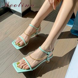 Meotina Shoes Women Genuine Leather Sandals Chain Med Heel Sandals Strange Style Square Toe Lady Footwear Summer Green 210608