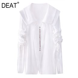 spring and summer fashion women clothes turn-down collar puff sleeves fold single breasted shirt WR17700l 210421
