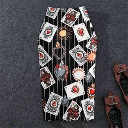 New-Coming Women Pencil Skirt High Stretch Personality Playing Card Printed Midi Slip Hip Skirt Female 210412