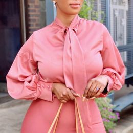 Women Blouse with Bowtie Long Sleeves Elegant Office Ladies Summer Silk Pink Yellow Fashion Tops Modest Female Classy Bluas 210416