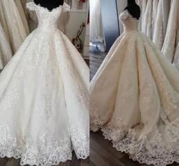 Gorgeous Lace Wedding Dresses Bridal Ball Gown Off the Shoulder Sleeveless Sweep Train Custom Made Plus Size Castle Arabic Dubai vestido de novia 2022