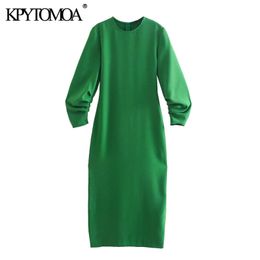 Women Chic Fashion With Gathered Detail Green Midi Dress Vintage Long Sleeve Back Zipper Female Dresses Vestidos 210416