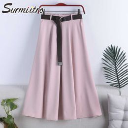 SURMIITRO Cotton Summer Midi Skirts Women Korean Style Pink Aesthetic High Waist Mid-length A Line Skirt Female WIth Belt 210712
