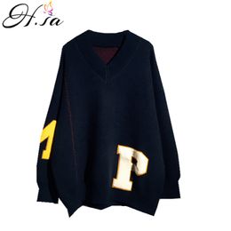 H.SA Women Casual Long Sweater and Jumpers V-neck Letter Print Beige Knitwear Korean Oversized Sweaters Mujer Winter Tops 210417