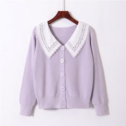 Autumn Winter cardigans Fashion Lace Doll Collar Stitching Sweater Loose Casual Women's Trend Vintage 210420