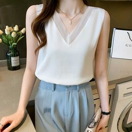 Women Summer Shirt Chiffon Blouses for Lace Sleeveless 's Clothing White V-neck Blouse Female Basic s 210604