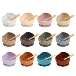 Baby Silicone Feeding Set Wooden Spoon Suction Bowl Plate Kids Toddler Assist Tableware BPA Free High Quality 211026