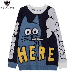 Aolamegs Men Sweater Cartoon Funny Cat Print O-Nec Pullover Sweaters Soft Slim Casual High Street Fashion Autumn Streetwear 210918