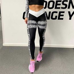 Text Striped spaper Print Women Black Leggings Casual Fitness Ladies Workout High Waist Long Trousers 211215