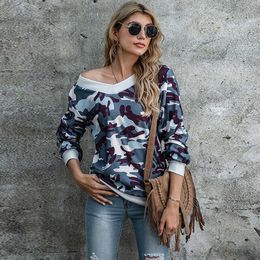 Women Camouflage Printed Sweatshirt Hoodies Autumn Winter V Neck Long Sleeve Female Casual Basic Pullover Tracksuit Tops 210526