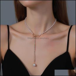 Beaded Necklaces & Pendants Jewelry Korean Butterfly Knot Pearl Alloy Tassel Diamond Clavicle Chain Women Female Fl Dress Wearing Pendant Ne