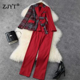 Spring Elegant Lady Office Business Outfits Color Block Blazer and Pants Suit 2 Piece Matching Set Women Vintage Twinset 210601