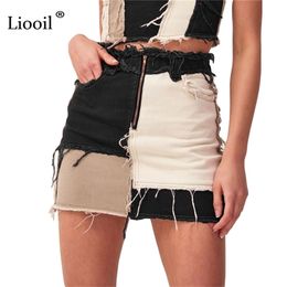 Liooil Patchwork Cotton Denim High Waist A-Line Skirts With Pockets Autumn Streetwear Colour Block Zipper Women Sexy Mini Skirt 210619