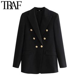 TRAF Women Fashion Double Breasted Black Blazer Coat Vintage Long Sleeve Pockets Female Outerwear Chic Veste Femme 211122