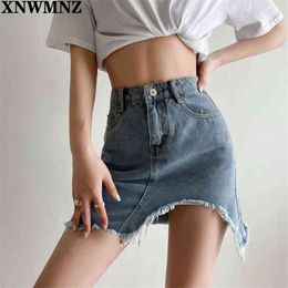 Women sexy Summer Blue Solid Casual High Waist Pencil Denim Skirts Street Pockets Button All-matched Jeans Skirt 210520