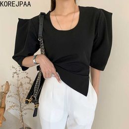 Korejpaa Women T-Shirt Summer Elegant Temperament Round Neck Back Zipper Waist Casual Five-Point Bubble Sleeve Split Top 210526