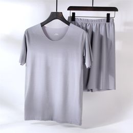 Men's Homewear Ice Silk Solid Color Thin Shirt Two-Piece Set Pyjamas Short-Sleeved Shorts Casual Sportswear Large Size Pajamas 210901