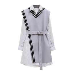 Women Two Pieces Set Striped Shirt Dress Sash Office Lady Asymmetrical Elegant Turn Down Collar Mini Short D0902 210514