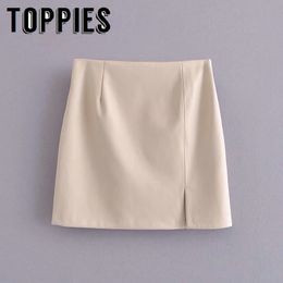 Toppies New Beige PU Leather Mini Skirt Women Sexy Split Skirts Faldas Fashion Jupe 210412