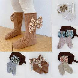 Big Floral Bowknot Long Baby Socks Autumn Winter Solid Colour Newborn Toddler Socks Princess Soft Elastic Infant Girl Curled Sock