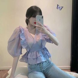 Summer Korean Chic Sexy Purple See Through Chiffon Blouse V Neck Puff Short Sleeve Tops Lady Ruffled Lace Up Waist Slim Shirts 210610