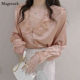 Spring V-Neck Solid Button Patchwork Lace Shirt Tops Women Korean Chic Casual Women's Shirts Elegant Long Sleeve Blouses 13654 210512