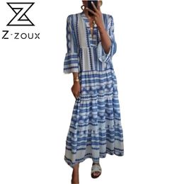 Women Dress Printed Bohemia es Sexy Long Print Floral Maxi Flare Sleeve V Neck Loose Plus Size es 210513