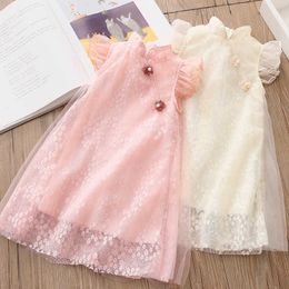 Summer 2-6 8 10 12 Years Crew Neck Princess Ball Gown Lace Chinese Ethnic Style Kids Cheongsam Sleeveless Dresses For Girls 210529
