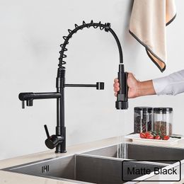 Spring Pull Down Matte Black Kitchen Mixer Faucet Deck Mounted Dual Spout Kitchen Sink Crane Taps Handheld Sprayer Shower Head