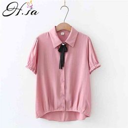Hsa Short Sleeve Casual Shirt Bow Tie Pink Blouse Women Summer Patchwork Butterfly Tops Ladies Blou 210430
