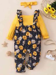 Baby Floral Panel Ruffle Trim Flounce Sleeve 2 In 1 Jumpsuit With Headband SHE