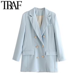 TRAF Women Fashion Office Wear Double Breasted Blazer Coat Vintage Long Sleeve Back Vents Female Outerwear Chic Tops 211019