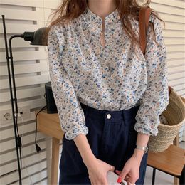 202a Vintage Florals Stand Office Lady Retro Chic Korean All Match Cute Shirts Women Brief Print Sweet Fashion Blouses 210421