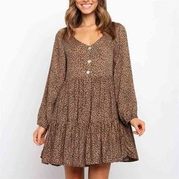 Foridol leopard print brown casual loose dress long sleeve autumn winter button v neck vintage short dress 210415
