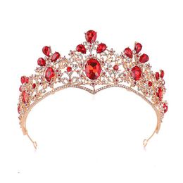 Headpieces Luxury Gold Bridal Red Teardrop Crystal Rhinestone Tiara Crown Wedding Bride Hair Accessories Quinceanera Pageant Tiaras LXH