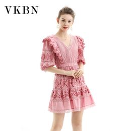 VKBN Dresses Woman Party Night Hollow Out V-Neck Sexy Dress Elegant Lantern Sleeve White And Pink 210507