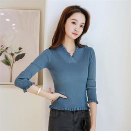 Autumn And Winter Fashion Fungus V-neck Slim-fit Knitted Jacket Pullover Base Long-sleeved Sweater Women 210427