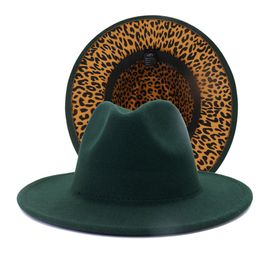 Outer Turquoise Inner Leopard Patchwork Wool Felt Jazz Fedora Hats Women Men Winter Green Panama Two Tone Party Formal Hat