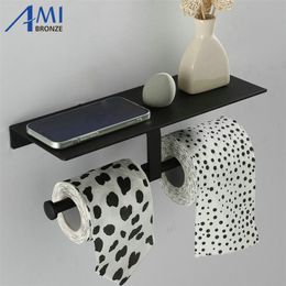 Double Use Paper Holder Black / Silver Bathroom Accessories Phone Rack Toilet Shelf Space Aluminum Material 210720